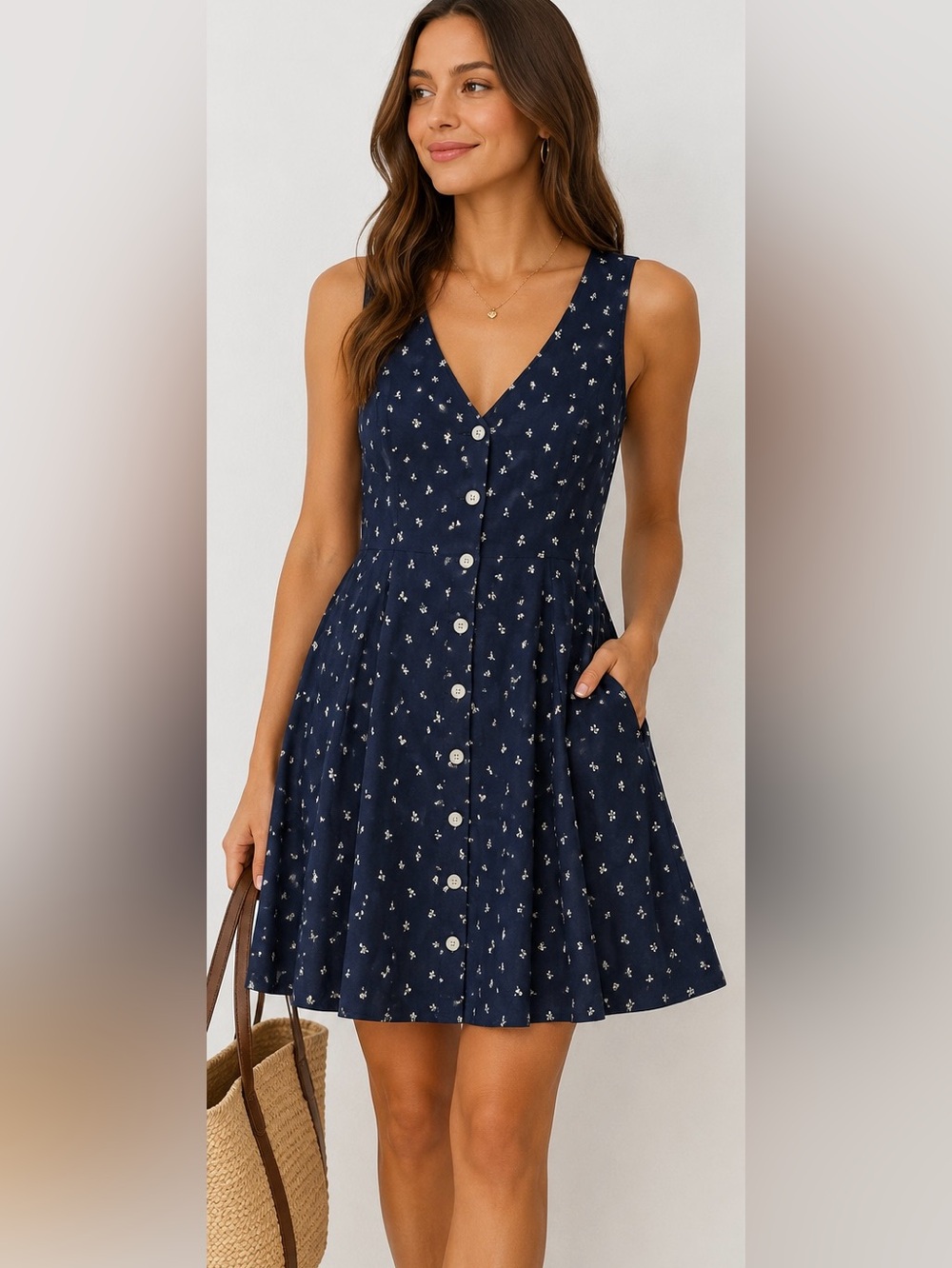 Universal Thread Navy Blue Floral Button-Front Mini Dress